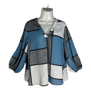 Emery Rose Women’s Size XL Top Blue Color Block V-Neck Lantern Sleeve Blouse